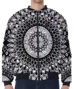 Black And White Mandala Print Zip Sleeve Bomber Jacket