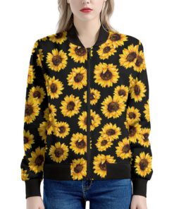 Black Sunflower Pattern Print Women's Bomber Jacket
