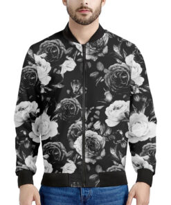 Black White Rose Floral Pattern Print Men's Bomber Jacket