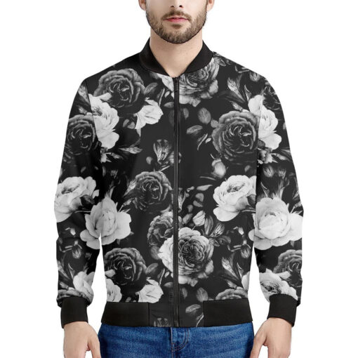 Black White Rose Floral Pattern Print Men's Bomber Jacket