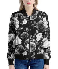 Black White Rose Floral Pattern Print Women's Bomber Jacket