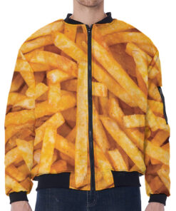French Fries Print Zip Sleeve Bomber Jacket