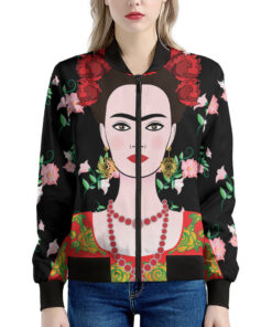 Frida Kahlo And Pink Flower Print Women's Bomber Jacket