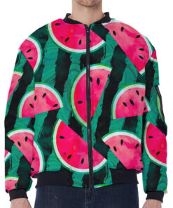 Green Striped Watermelon Pattern Print Zip Sleeve Bomber Jacket