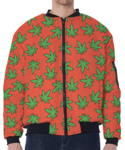 Hemp Leaf Pattern Print Zip Sleeve Bomber Jacket
