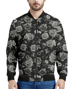 Monochrome Rose Floral Pattern Print Men's Bomber Jacket