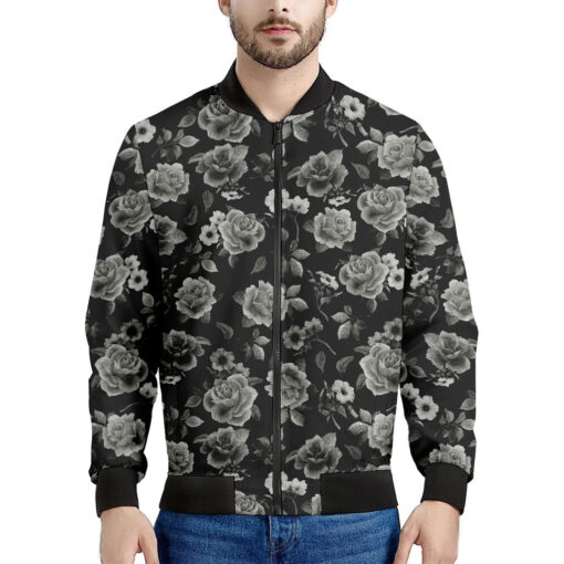 Monochrome Rose Floral Pattern Print Men's Bomber Jacket