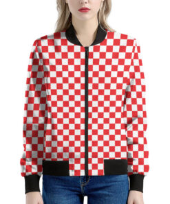 Red And White Checkered Pattern Print Women's Bomber Jacket