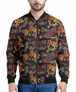 Vintage Dragon Flower Pattern Print Men's Bomber Jacket