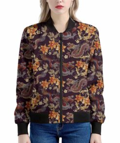 Vintage Dragon Flower Pattern Print Women's Bomber Jacket