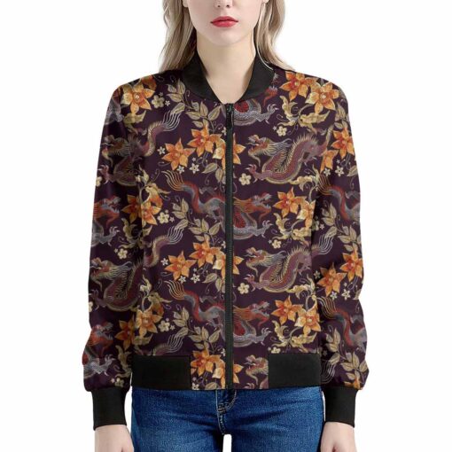 Vintage Dragon Flower Pattern Print Women's Bomber Jacket