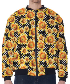 Watercolor Polka Dot Sunflower Print Zip Sleeve Bomber Jacket