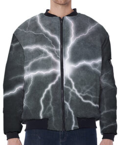 White Lightning Print Zip Sleeve Bomber Jacket