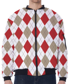 White Red And Beige Argyle Pattern Print Zip Sleeve Bomber Jacket