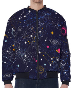 Zodiac Star Signs Galaxy Space Print Zip Sleeve Bomber Jacket