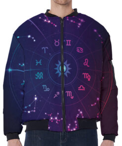 Zodiac Symbols Wheel Print Zip Sleeve Bomber Jacket