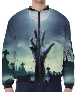 Zombie Hand Rising From Grave Print Zip Sleeve Bomber Jacket